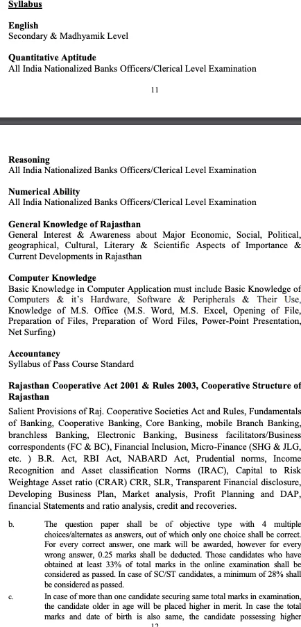 Rajasthan Cooperative Bank Syllabus in Hindi