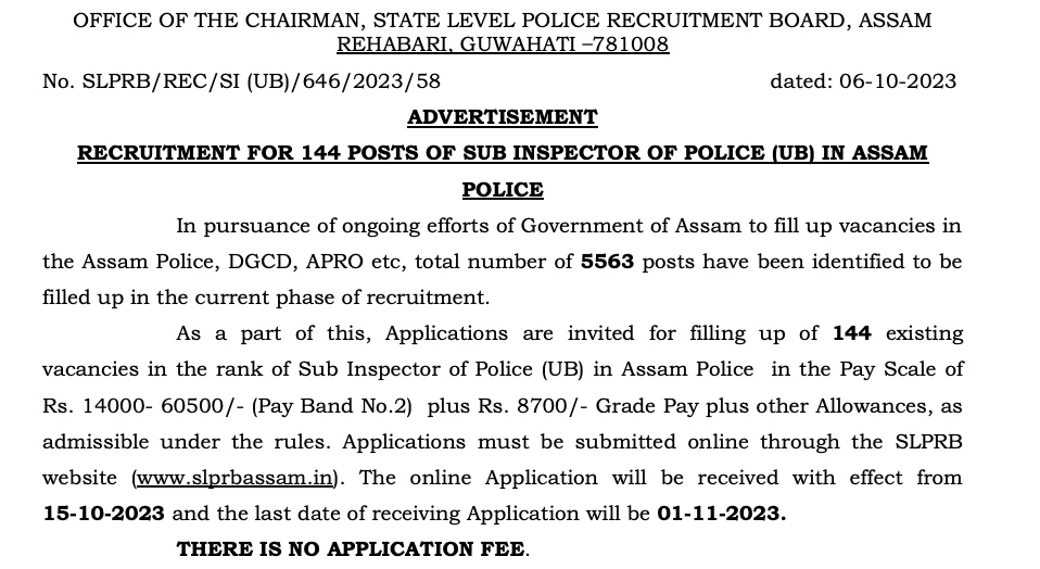 Assam Police SI Notification 2023