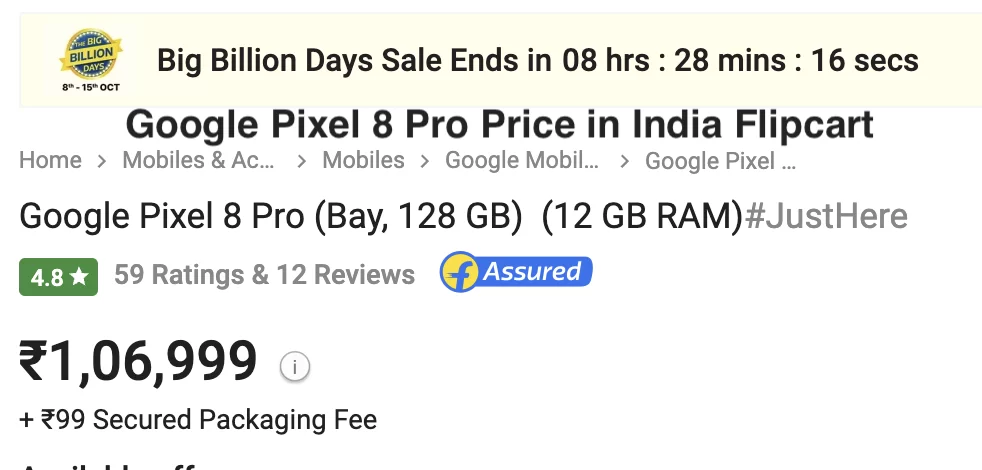 Google Pixel 8 Pro Price in India Flipcart